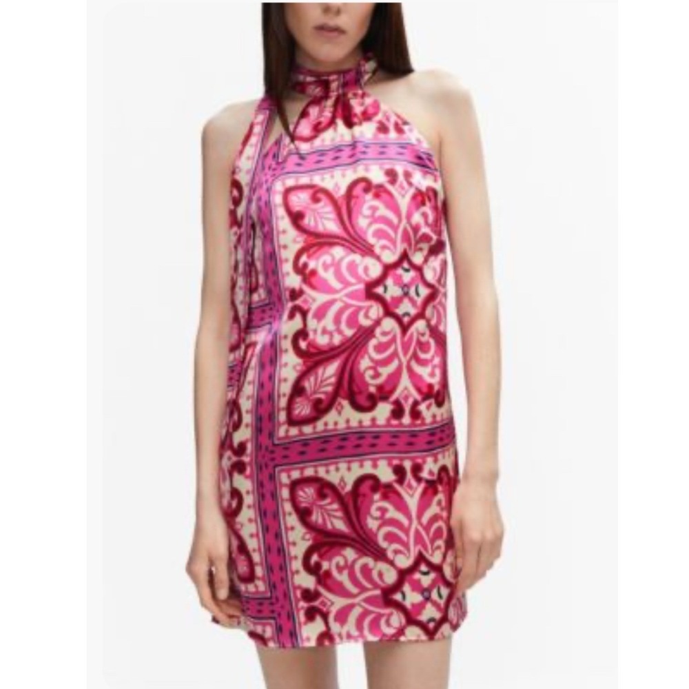 Mango MNG Paisley Scarf‎ Print Mini Shift Halter Dress Pink Size M